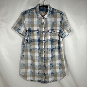 Ryan Michael Men Size M Indigo Plaid Linen Cotton Western Snap Shirt Acid Wash